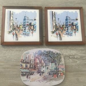 MCM trivets city scenes - 2 tile and wood. Third is Puillery scene. Vintage.